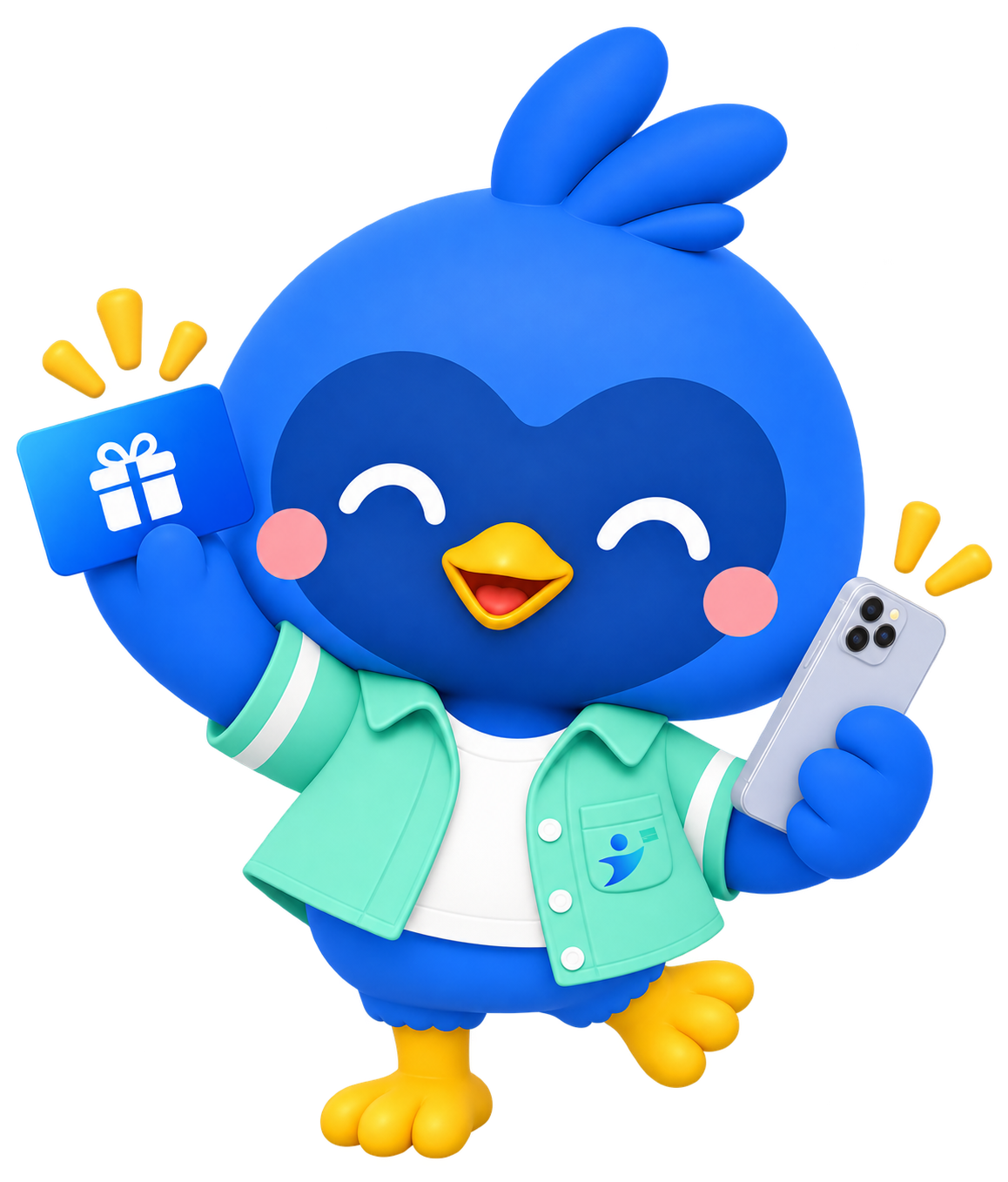 Card2Dream mascot holding a gift card and phone